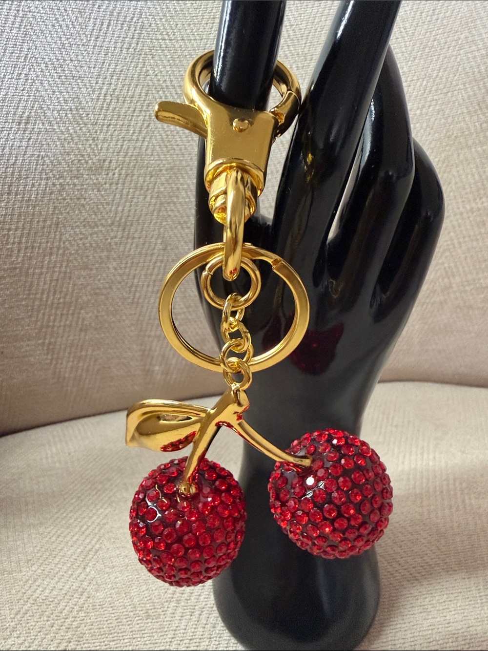 Gold Cherry Crystal Keychain - Red